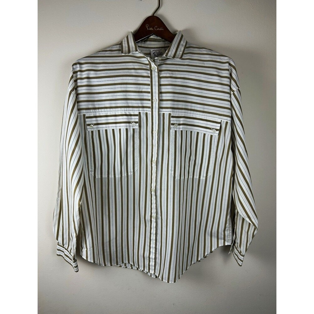 Vintage 80s Ratio Striped Blouse Size 14 Brown Striped Oversized Retro Button Up